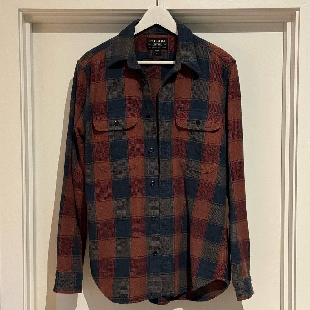 Filson Vintage Flannel Work Shirt Men Small Rust/Blue Button Up